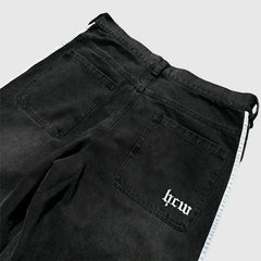 Hearujoy  90s Streetwear Y2K Striped Jogging Jeans Men Women Harajuku Retro Striped Letter Graphics Embroidered Jeans Goth Casual Wide Leg Pants Trousers