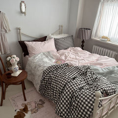 YICKYUE  -  Korean Vintage Cotton 4pc Bedding Set - Gingham & Floral Print