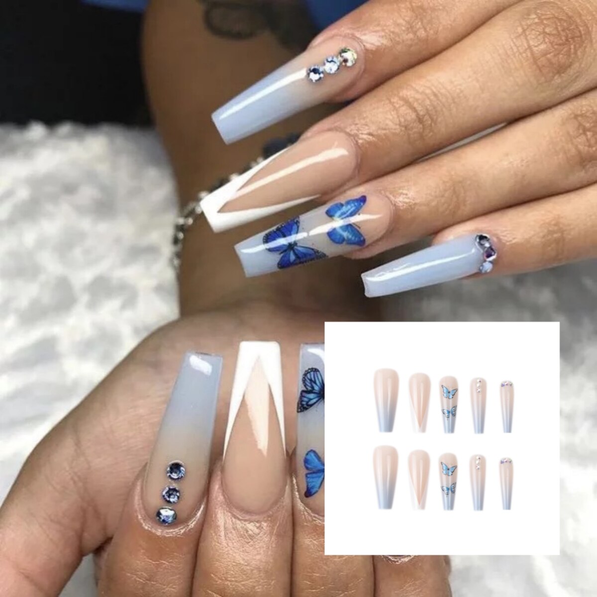 24Pcs/Set Blue Butterfly French Wearing Ballerina Manicure Fake Nail Patch Press On Full Coverage Acrylic Long False Nails Tips