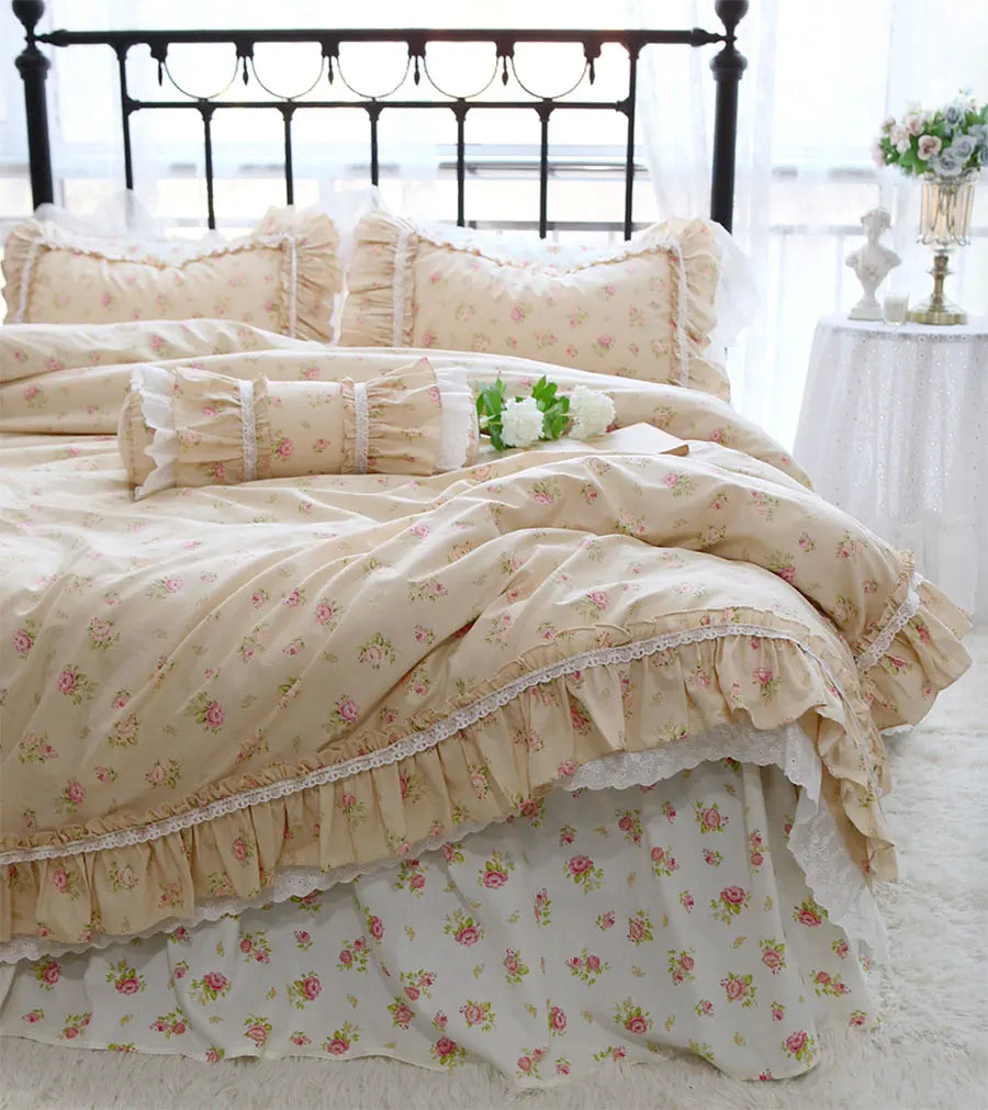 YICKYUE   -  Romantic elegant floral lace bedding set,sweet flower rose full queen king cotton home textile bedspread pillow case quilt cover