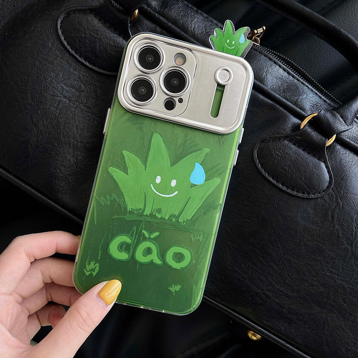 YICKYUE  -  Green Cartoon Grass Shell For Iphone 13 14Pro 14 15 12 Pro Max 15Pro Beautiful Chinese Language Funny 3D Plating Phone Case