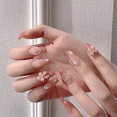 24pcs Super Long Ballerina False Nails Bow Decal Detachable with Star Heart Design Nail Wearable Coffin Fake Nails