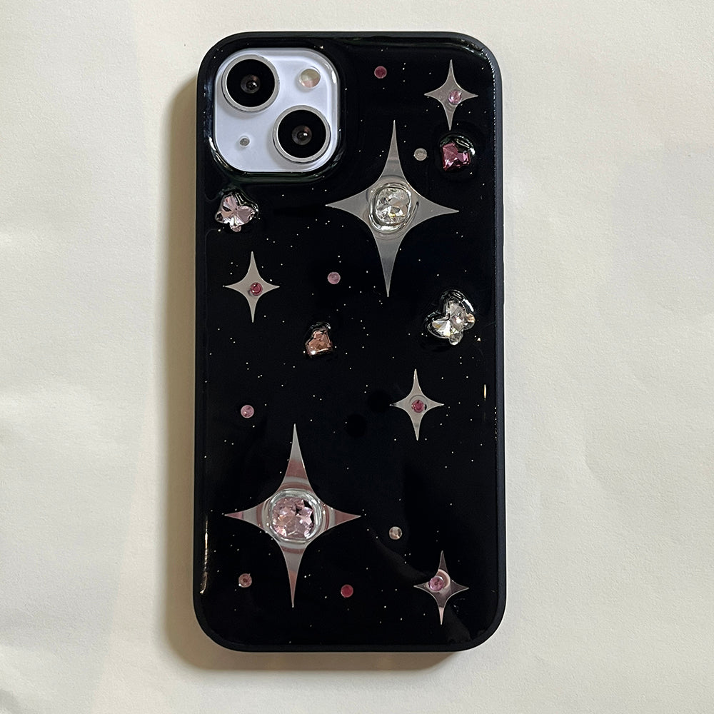 YICKYUE  -  3D Rhinestone Star Phone Case For iPhone 16 15 14 13 12 11 Pro Max 14promax Luxury Black Soft Back Cover