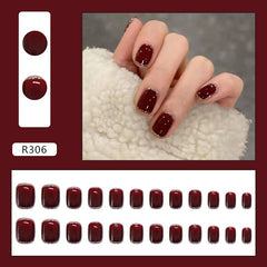 24Pcs Shiny Short Square False Nail With Sticker Wine Red Classic French Artificial Fake Nails DIY Full Cover Tips Manicure Tool