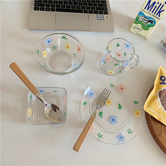 Korean Style Fresh and Lovely Flower Glass Bowl Breakfast Cereal Salad Bowl Glass Cup Heat Resistant Flower Plate