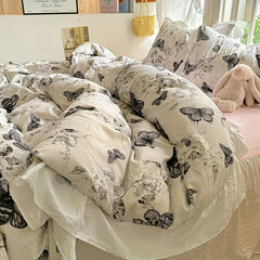 YICKYUE  -  Ins Solid Butterfly Bedding Set for Adult, Twin, Full, Queen Size Bed Linen, Floral Bed, Flat Sheet, Pillowcase Cream Style