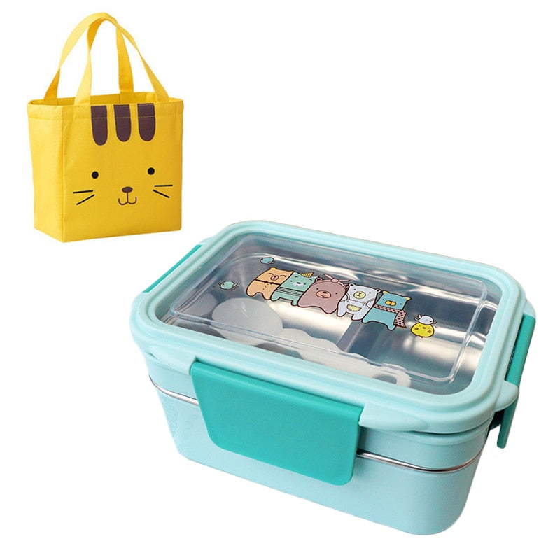1300ml Cartoon Double Layer Stainless Steel Microwave Bento Box Plastic Fresh-keeping Food Container Tableware Lunch Box