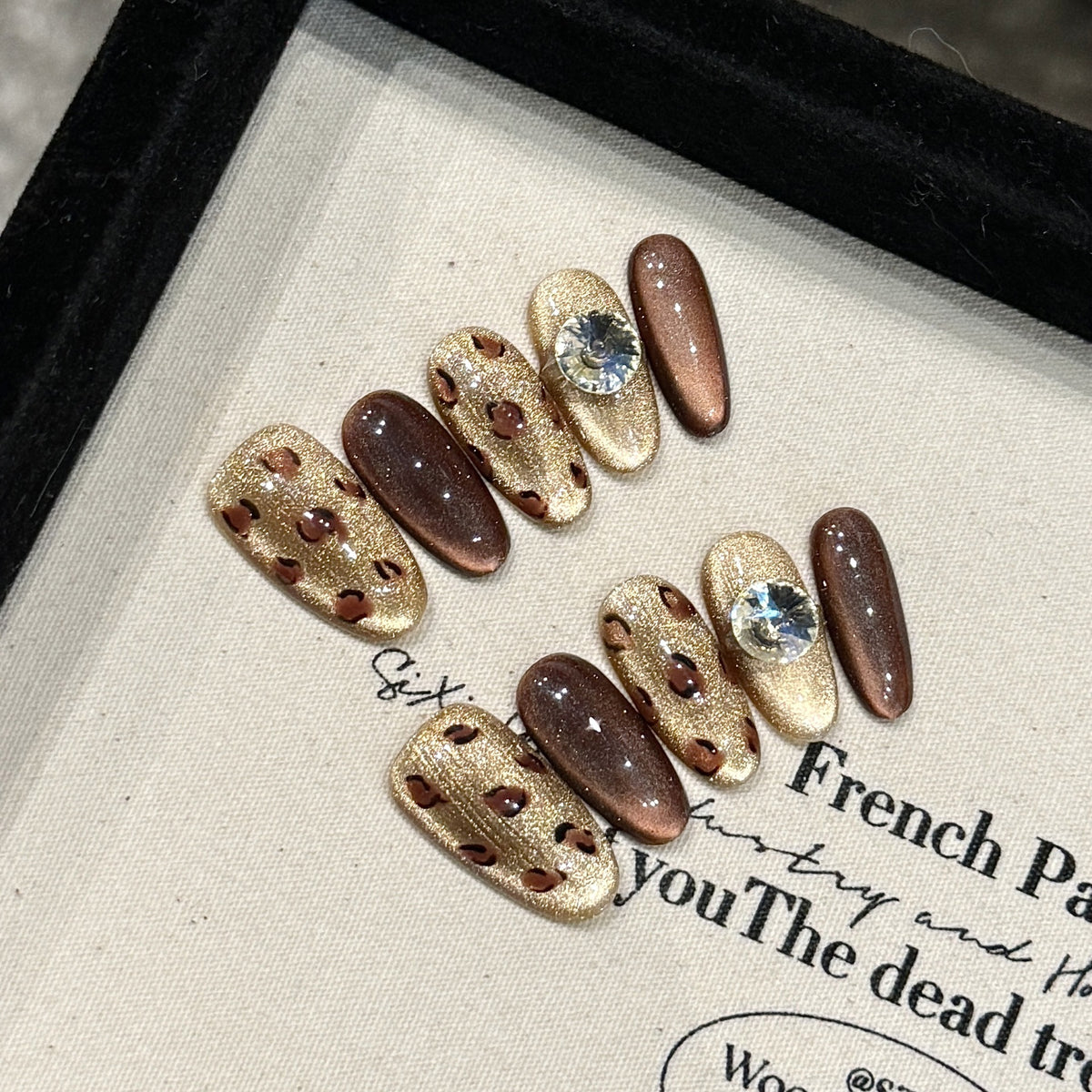 YICKYUE -  10pcs Handmade Shimmery Brown Cat's Eye Press On Nail Glossy Diamond Leopard Print False Nails Reusable Wearable Fake Nail Tips