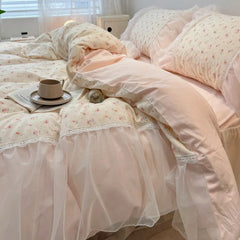 Yickyue Korean Style Chiffon Pure Cotton Bedding Set Full Size Little Floral Duvet Cover Set with Bed Skirt Princess Style Bedding Sets