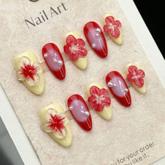 YICKYUE  -  10pcs Handmade Press on Nails Ins 3D Hand-painted Red Flower False Nail Wearable Full Cover Yellow French Almond Fake Nail Tips