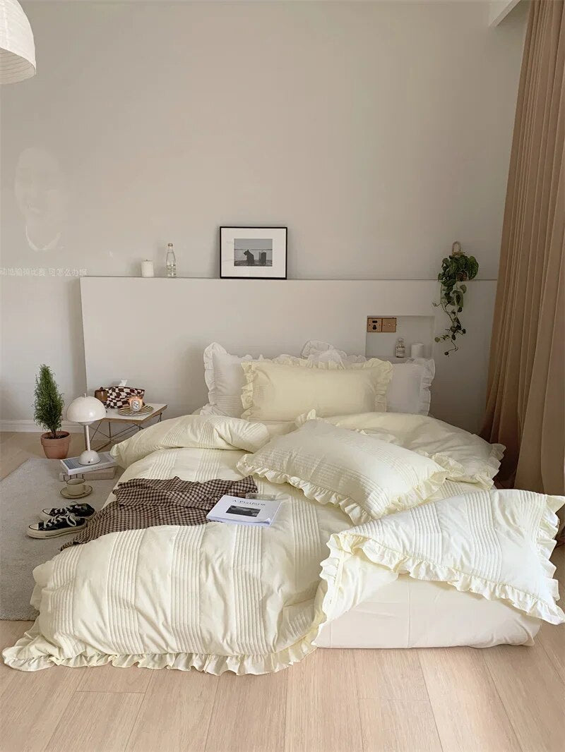 Yickyue French Cream Style Cotton Warm Comforter Bedding Sets Girl‘s Room Winter Skin-friendly Duvet Cover Set Queen Size Bed Linen Sets