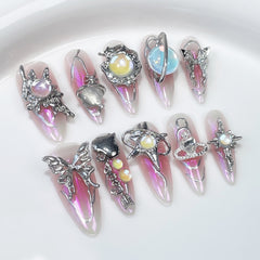 YICKYUE  -  10pcs Aurora Gradient Pink Stiletto Almond Press On Nails Blue Long Fake Nails with 3D Heart Butterfly Sweet Cool Nail Tips Art