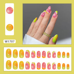YICKYUE  -  24pcs 3D Red Grapefruit False Nails Long Almond Press On Acyrlic Nails French Tip Fruit Y2k Yellow Gradient Fake Nails Wearable