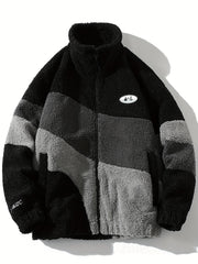 Hearujoy Warm Color Block Fleece Jacket - Men's Casual Stand Collar Zip Up Long Sleeve Outwear With Pockets For Outdoor