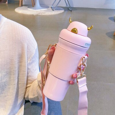 2022 DIY Cute straw Insulated Water Bottle Stainless Steel Thermos Portable Couples Travel Bottle With Shoulder strap Crossbody