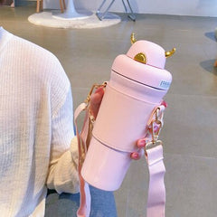 2022 DIY Cute straw Insulated Water Bottle Stainless Steel Thermos Portable Couples Travel Bottle With Shoulder strap Crossbody