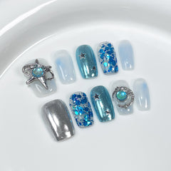 YICKYUE  -  10Pcs Cute Short Press On Nails INS Colorful Dot Cat Eye False Nails 3D Charm Silvery Fake Nails Full Cover Fake Nail Tips Art