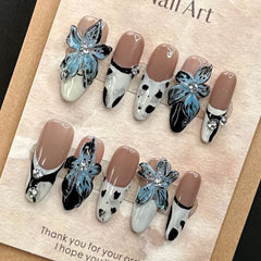 YICKYUE  -  10pcs Handmade Press on Nails Ins Hand Painted Blue Flowers False Nail Wearable Full Cover Long Oval French Fake Nail Tips