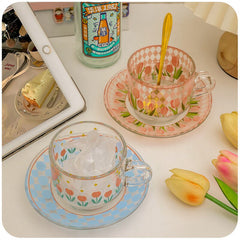Korea Nordic Tulip Transparent Glass Coffee Cup Flower Coffee Cup Saucer Flower Glass Afternoon Tea Water Cup Saucer Drinkware