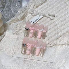 Yickyue  10pcs Pink Bow Fake Nails Glitter Powder Decor Sweet French Press on Nails for Lady Girl Wearable Handmade Korean Fake Nail Tips