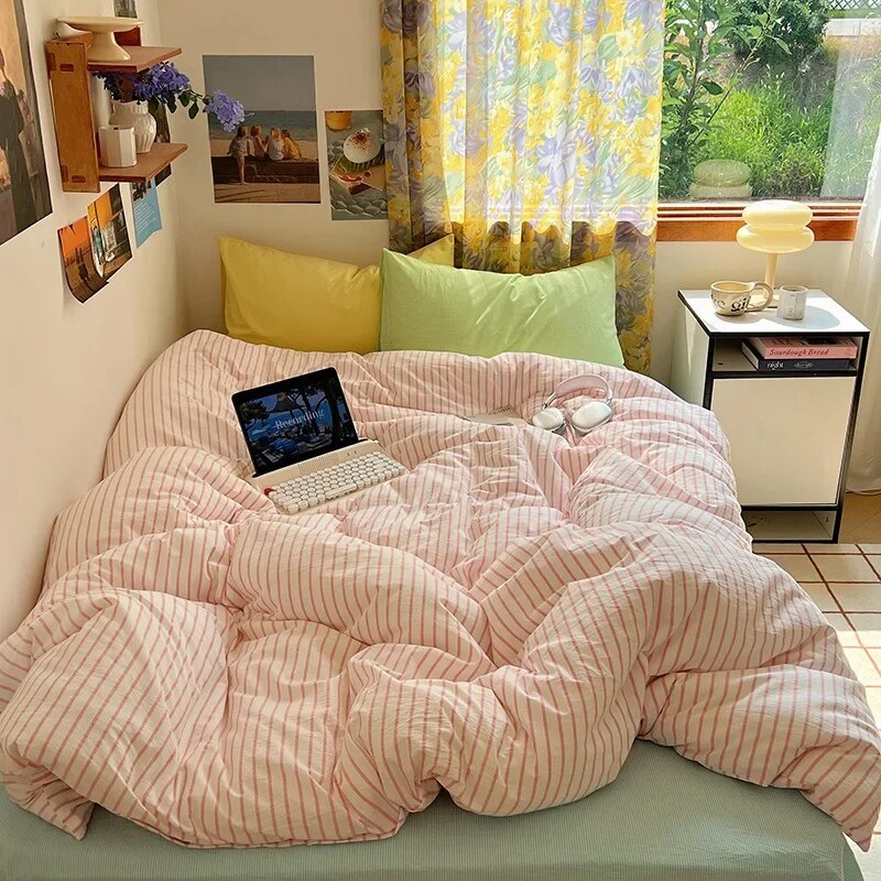 Yickyue Hot Sale Striped Cotton Bedding Set Soft & Skin-Friendly Duvet Cover Sets Japan and Korea Style Design Bed Linen Set