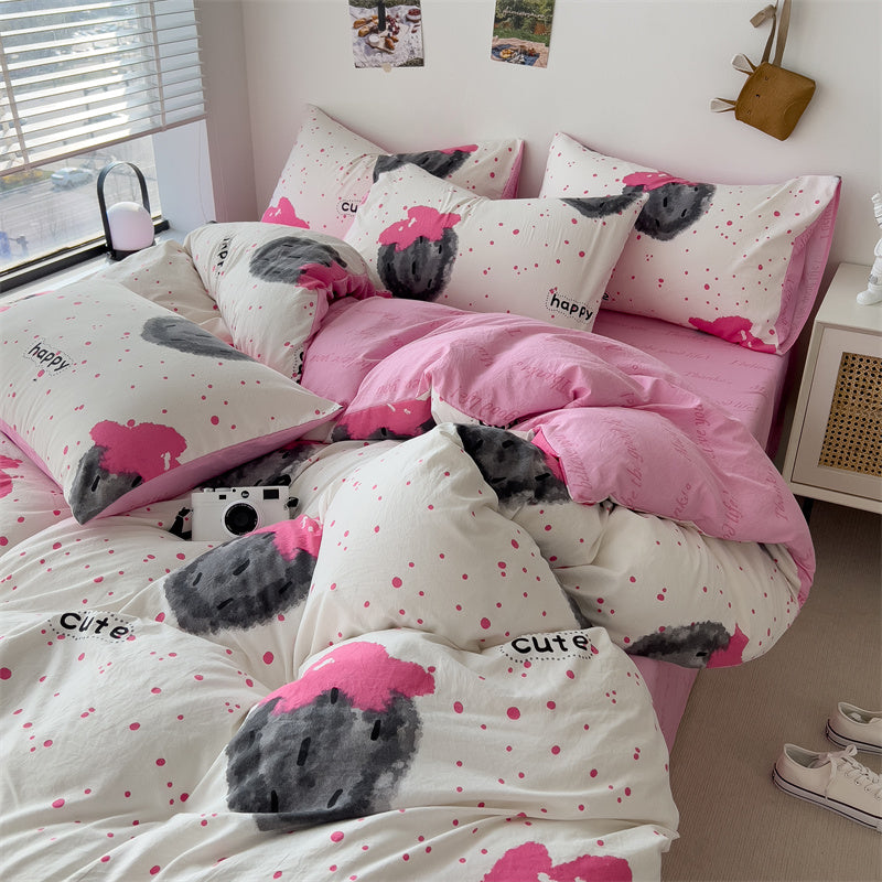 YICKYUE  -  Pink Washed Cotton Bedding Set Duvet Cover Pillowcase bed sheet Washed Full Size Bed Linen Duvet Cover Set Queen/King 180 220