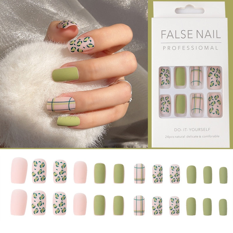 Press On Nails Square 24PCS Green Leopard Nail Patch Full Cover Nail Tips Removable Paragraph Fashion  Free Shipping Items