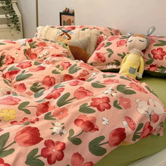 YICKYUE  -  INS Pink Rose Bear Bedding Set Duvet Cover Soft Home Textile Queen Size Flat Bed Sheet Quilt Cover Floral Pillowcase Kawaii