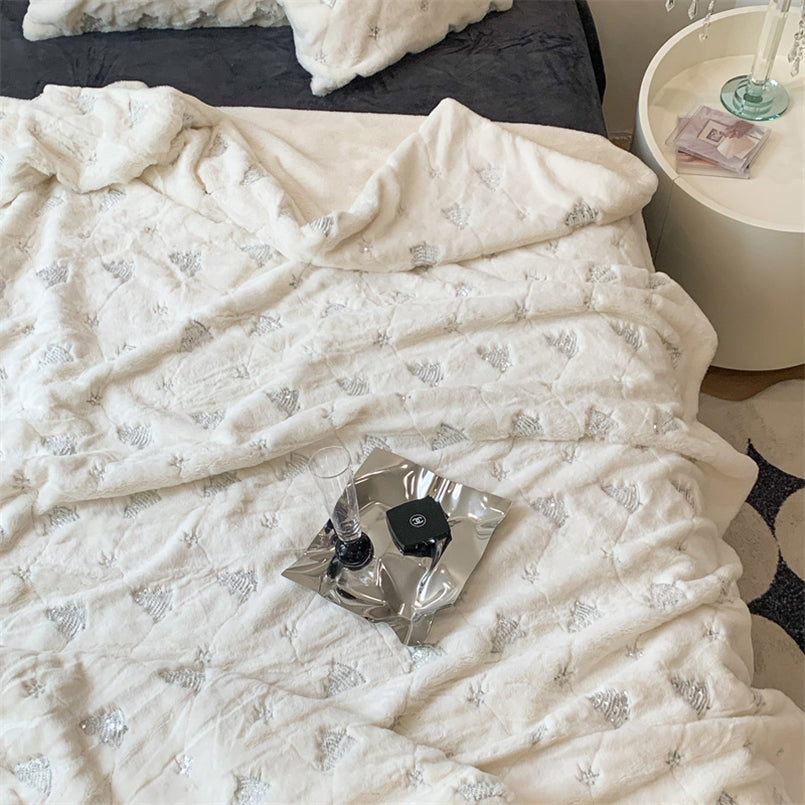 YICKYUE  -  Solid Color Christmas Tree Embroidery Casual Single Blanket Rabbit Velvet Winter Thickened Soft Simple Shawl Sofa Blanket