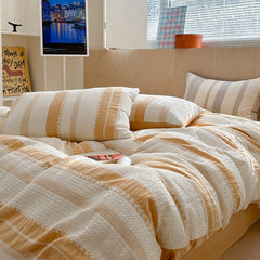 YICKYUE  -  Seersucker Bedding Set, 100% Cotton, Color Block Stripe, Duvet Cover, Cozy Japanese Style, Bed Linens, Home, King, Queen,Textile