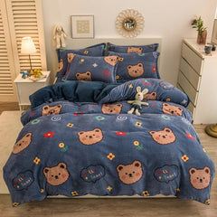 Thick Warm Coral Fleece 4pcs Bedding Set Cute Printing Quilt Cover Super Soft Velvet Bed Sheet Pillowcase King Size Bedding Set