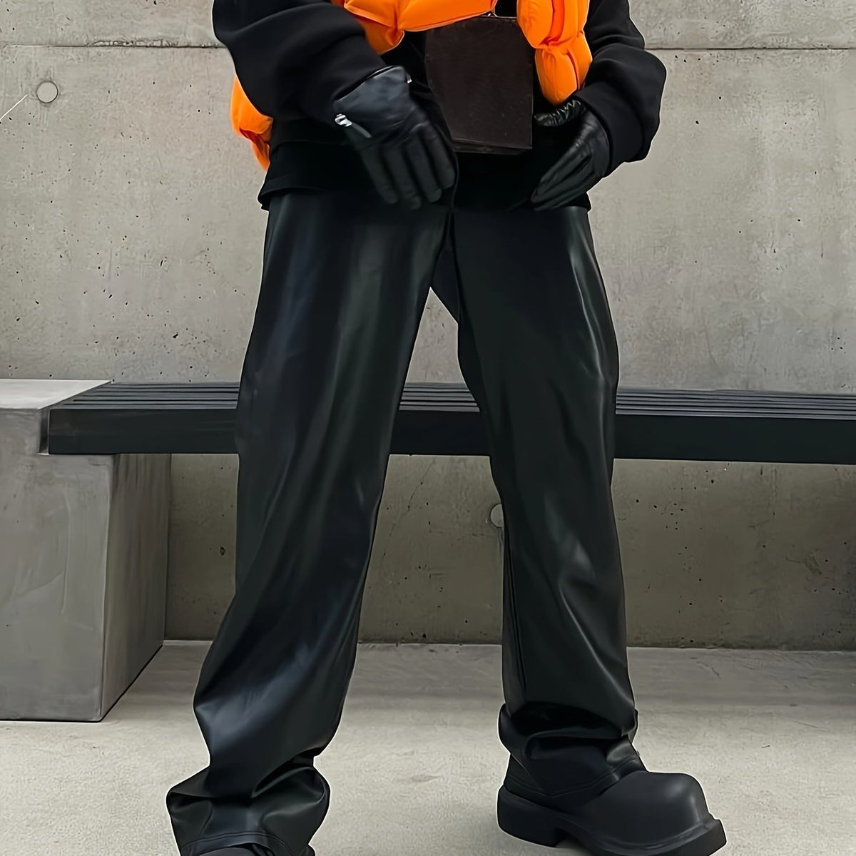 Hearujoy [Loose Fit Faux Leather Pants] Men'S Casual Chic Faux Leather Pants, Street Style Straight Leg Trousers, Loose Fit with Pockets, Solid Color, Polyester 55%, Polyurethane 45%, Non-Stretch Fabric, Spring/Fall C