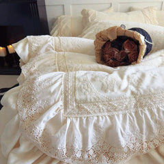 YICKYUE  -  Vintage French Style Princess Lace Ruffles Carved Velvet Bedding Set Duvet Cover Bed Sheet/Fitted Sheet/Bed Skirt Pillowcases