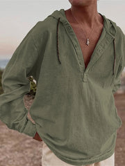 Hearujoy Vintage Cotton Linen Hooded Shirt For Men Long Sleeve V Neck Hoodies Tops Fall Casual Loose Shirts Seaside Beach Blouse Clothing