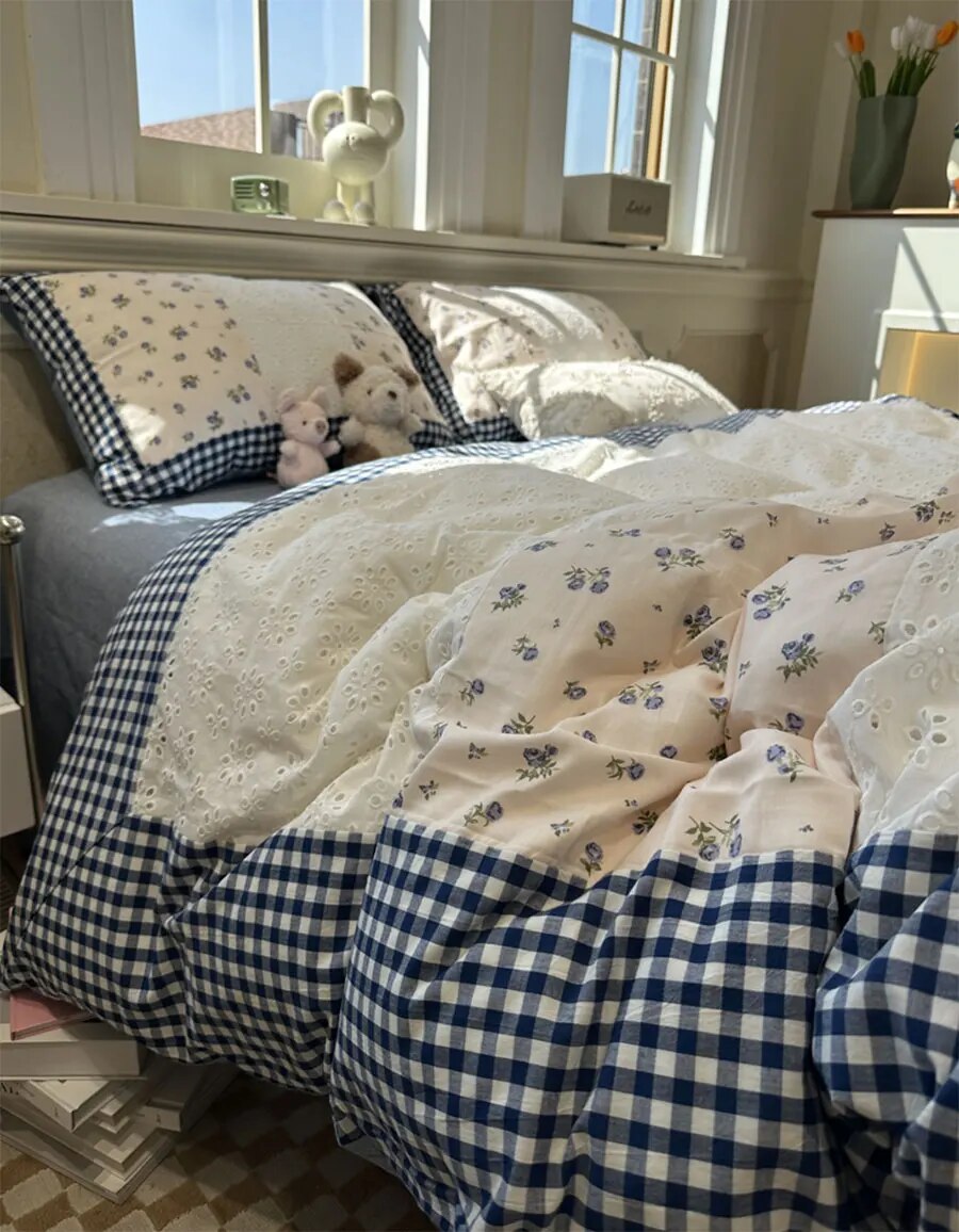 Yickyue -  Romantic sweet flower plaid blue lace beding set,full queen king fairyfair cotton home textile bed sheet pillow case duvet cover