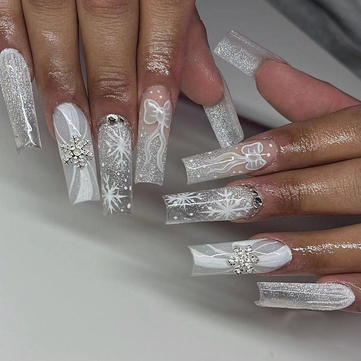 YICKYUE   -  24pcs Long Fake Nails 3D Snowflake Design Matte Blue French Press on Nails for Girls Full Cover Wearable Christmas False Nails