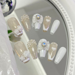 Yickyue Handmade Custom Made False Nail Art With Pearls And Nows Wearable Nail Pink Almond Style Section Patch Removable Girl Fake Nail