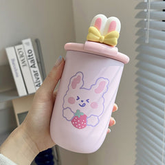 Kawaii Bear Rabbit Vacuum Water Bottle Cute Stainless Steel Coffee Tea Beer Thermal Cup With Lid  Strap Drinking Cup For Girl