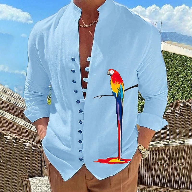 Hearujoy Vintage Mens 100% Cotton Linen Shirts Long-Sleeved Stand Collar Casual Tops Spring Summer Fashion Men Clothing Retro Shirt