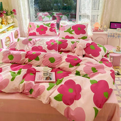 Yickyue Rosered Bedding Set Flora Summer Duvet Cover Pillowcase Comforter Bag Flat/Fitted Sheet King Bedclothes Home Textile Twill Print