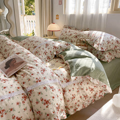 Yickyue 100% Cotton Vintage French Country Small Floral Bedding Set Ruffled Edges Flower Pattern Duvet Cover Set Bed Sheet Pillowcases