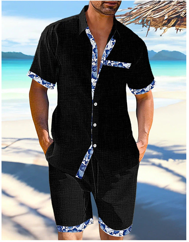 Hearujoy Summer Mens Cotton Linen Two Piece Set Contrast Color Short Sleeve Lapel Shirts And Shorts Loose Suits Hawaiian Beach Outfits