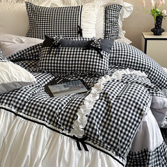 YICKYUE  -  Black Gingham with Bow Ruched Bedding Set