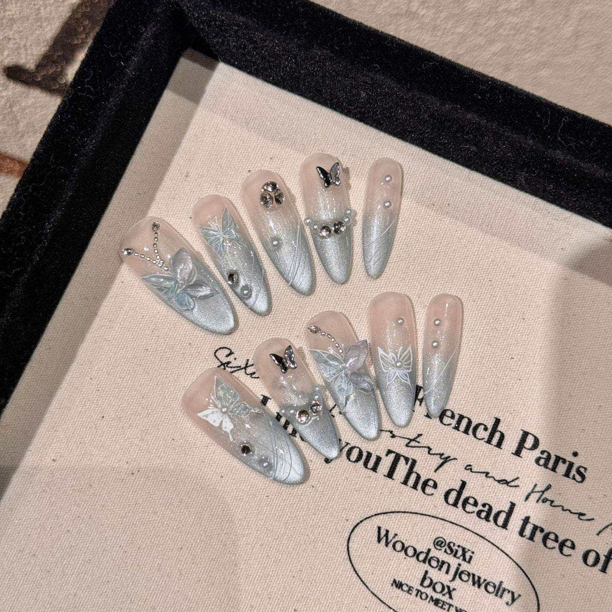 YICKYUE  -  10Pcs Handmade Manicure Long French Almond Fake Nails Summer Limited Nails Press On Nails Design with Glue Nail File Set