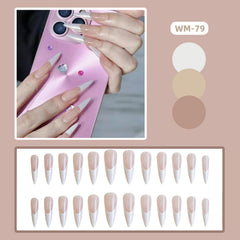 YICKYUE  -  24pcs French False Nail Shiny Powder Design Long Pointed Fake Nail Tips for Women Wearable Full Cover Glitter Press on Nails