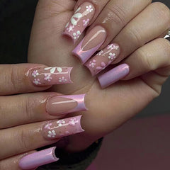 YICKYUE  -  24Pcs Artificial Nails Set with Glue Long Coffin Press on False Nails Wearable Ballet Fake Nail Butterfly Flower Design Manicure