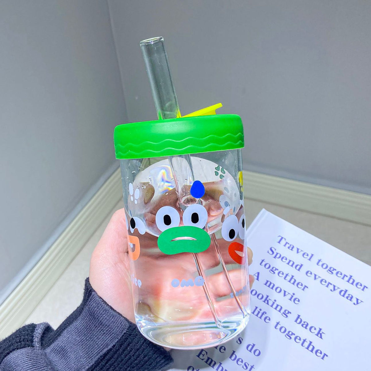 Yickyue  550ml Kawaii Cartoon Glass Cup With Lid and Straw Bubble Tea Cup Coffee Mug Juice Glass Beer Can Milk Mocha Water Cups Drinkware