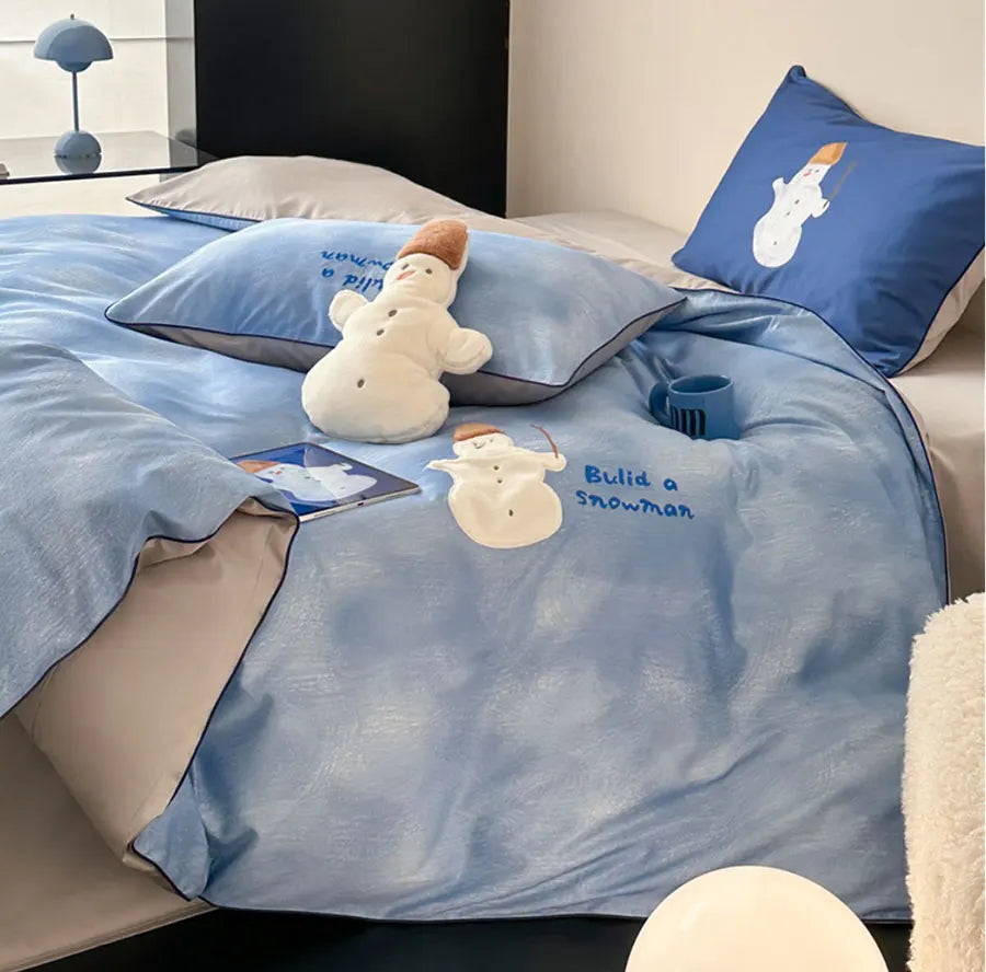 YICKYUE   -  Cute cartoon snowman blue bedding set,full queen king lovely kawaii 100s cotton home textile bed sheet pillow case duvet cover