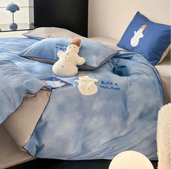 YICKYUE   -  Cute cartoon snowman blue bedding set,full queen king lovely kawaii 100s cotton home textile bed sheet pillow case duvet cover