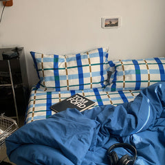 YICKYUE  -  INS Simple Style Check White And Blue Stripe Duvet Cover Set Bed Sheet Set Washed Cotton Bedding Set